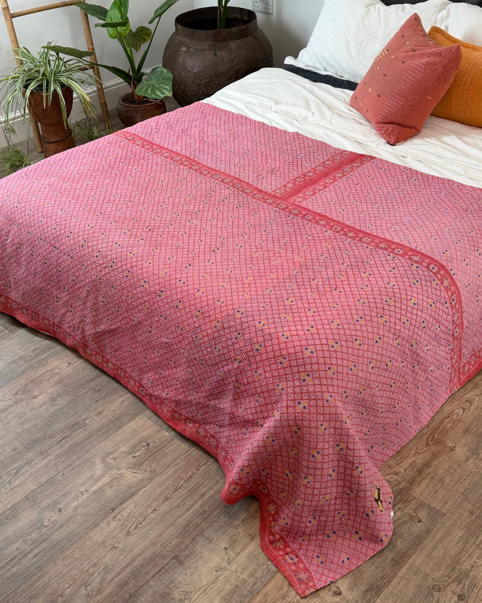 Large Fine Stitched Vintage Kantha Quilt in Chequered Yellow and Black and Pink - Biggs & Hill