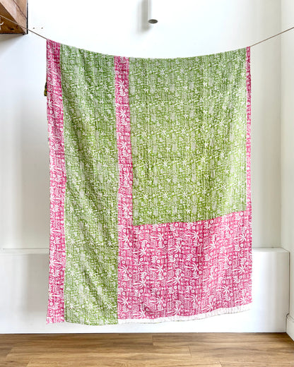Vintage Cotton Kantha Quilt In Green and Pink #45