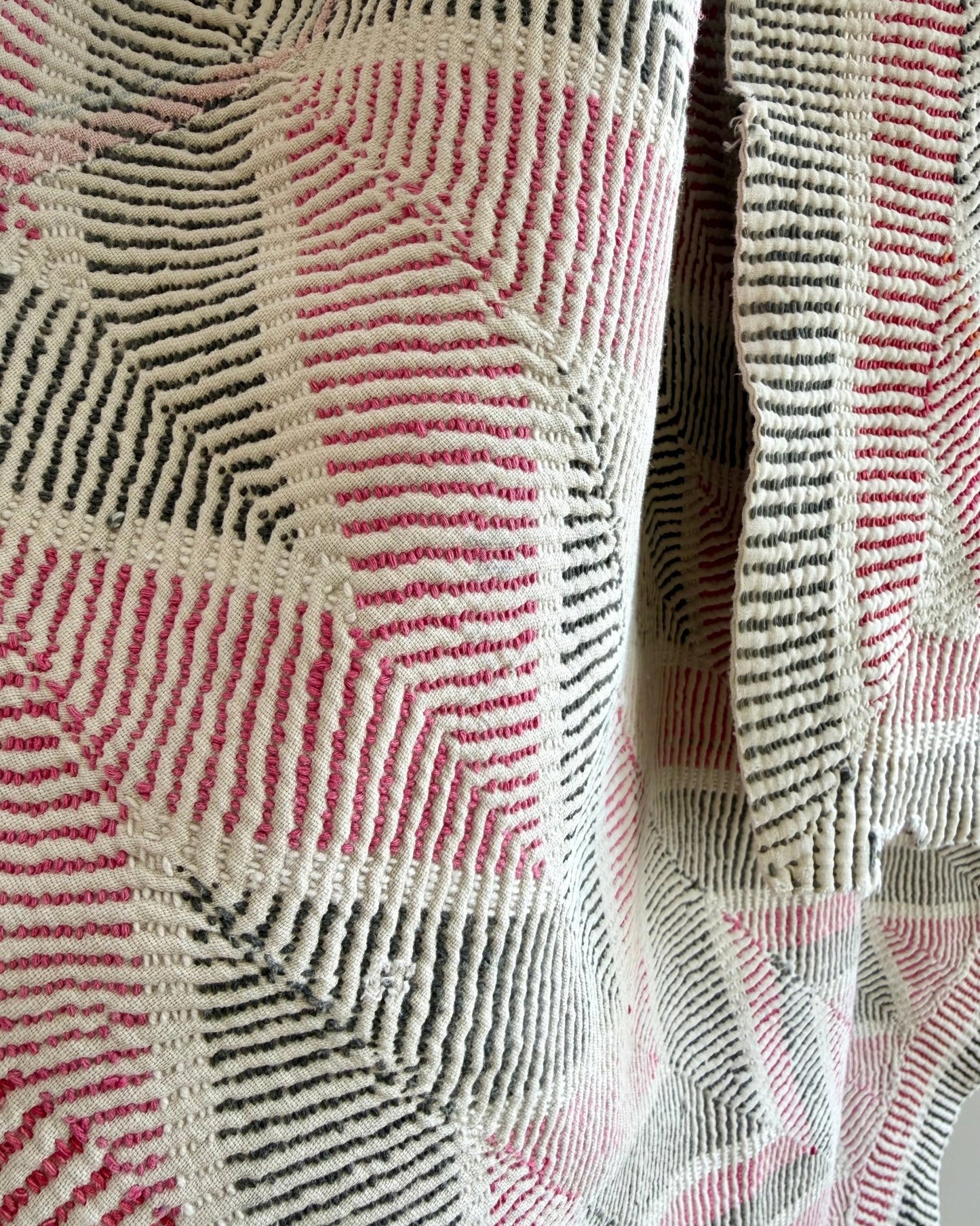 Heavy Vintage Lohori Kantha Quilt in Pink and Black Zig Zags - Biggs & Hill