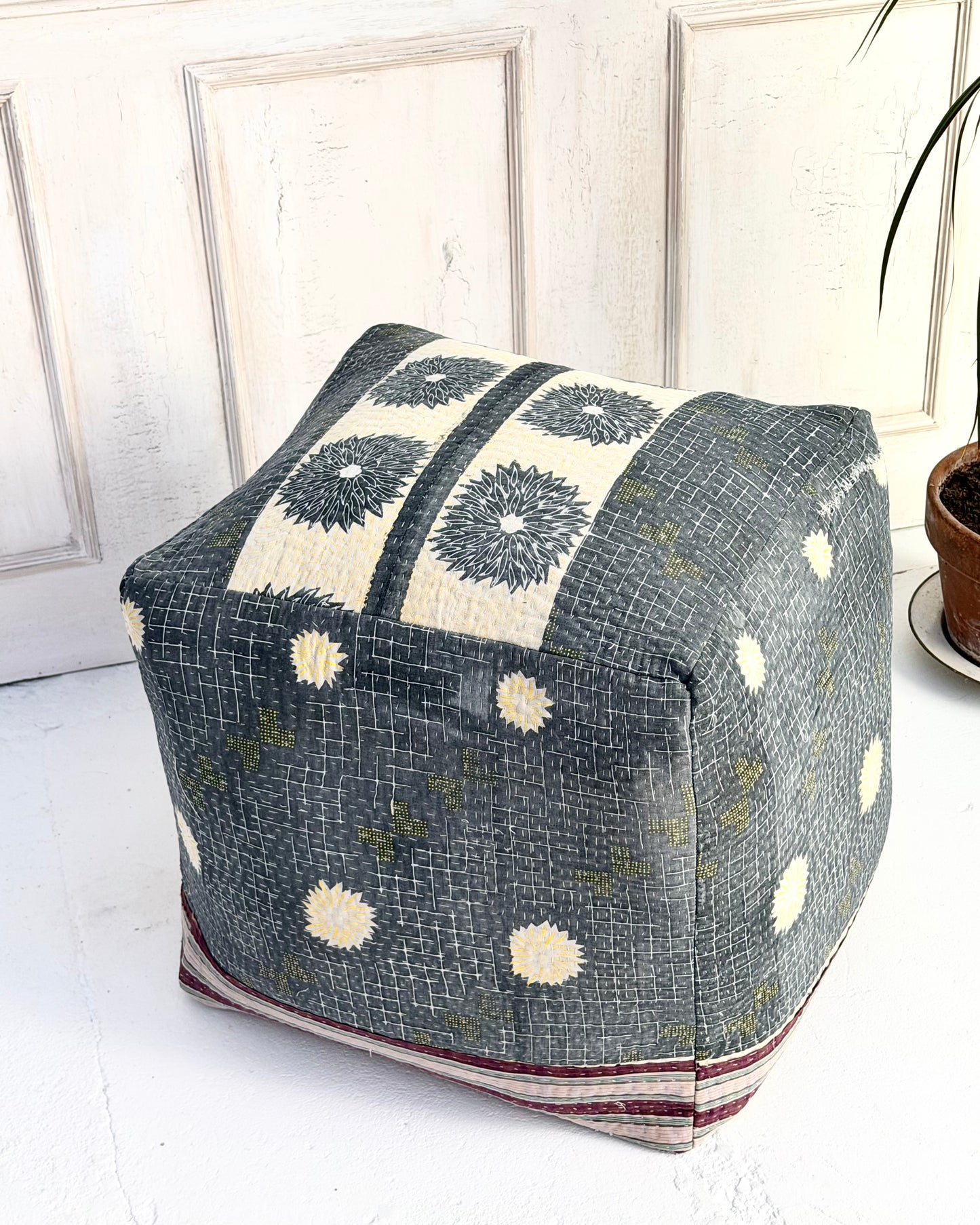 Cube Kantha Pouf Cushion Cover With Blue and Purple Stripes