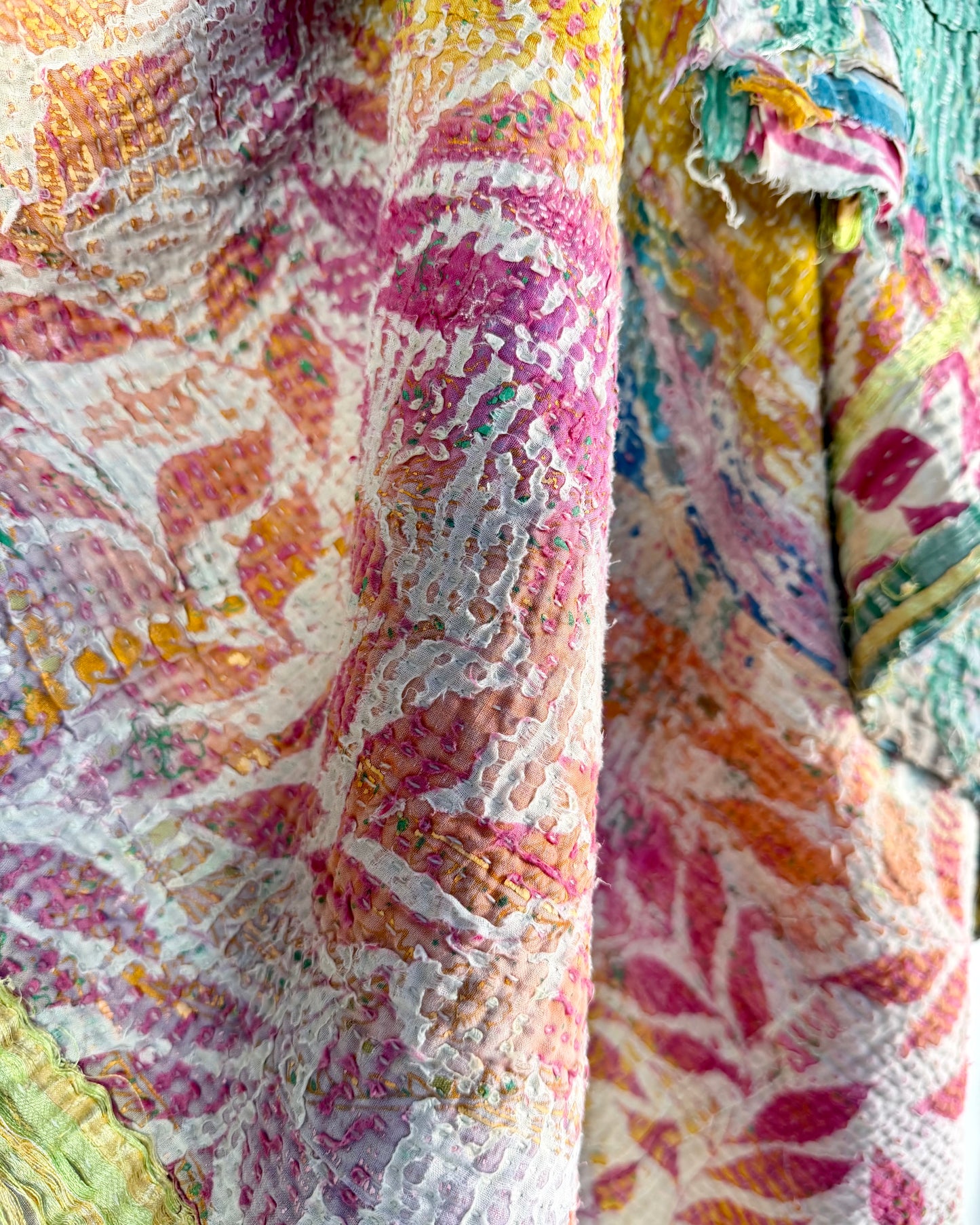 Textured Vintage Kantha Quilt In Pink and Yellow