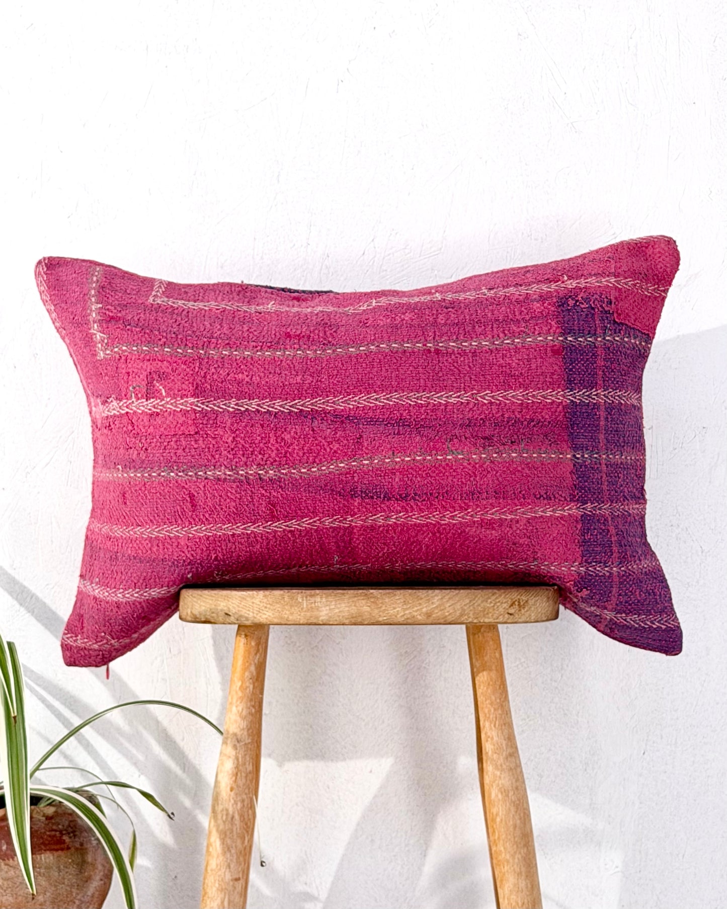 Handmade Vintage Kantha Cushion Cover In Pink With Embroidered Stripes - Large Rectangular
