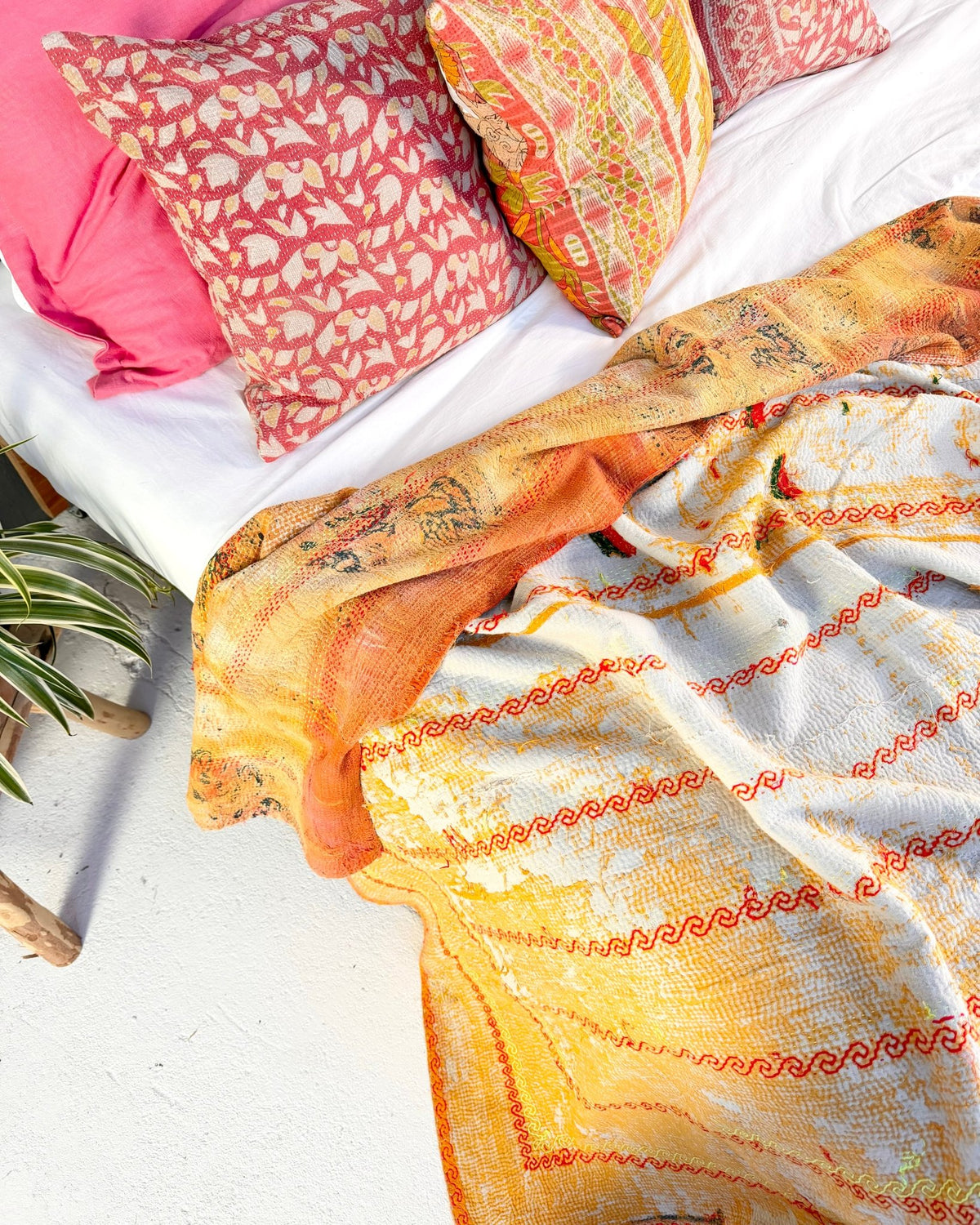 Embroidered Vintage Kantha Quilt in Yellow and Pink - Biggs & Hill