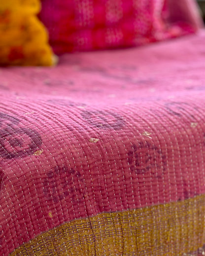 Extra Large Fine Stitched Vintage Kantha Quilt in Pink And Yellow