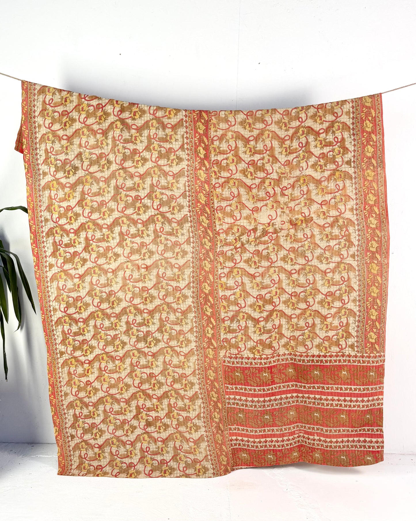 Large Fine Stitched Vintage Kantha Quilt in Orange and Beige