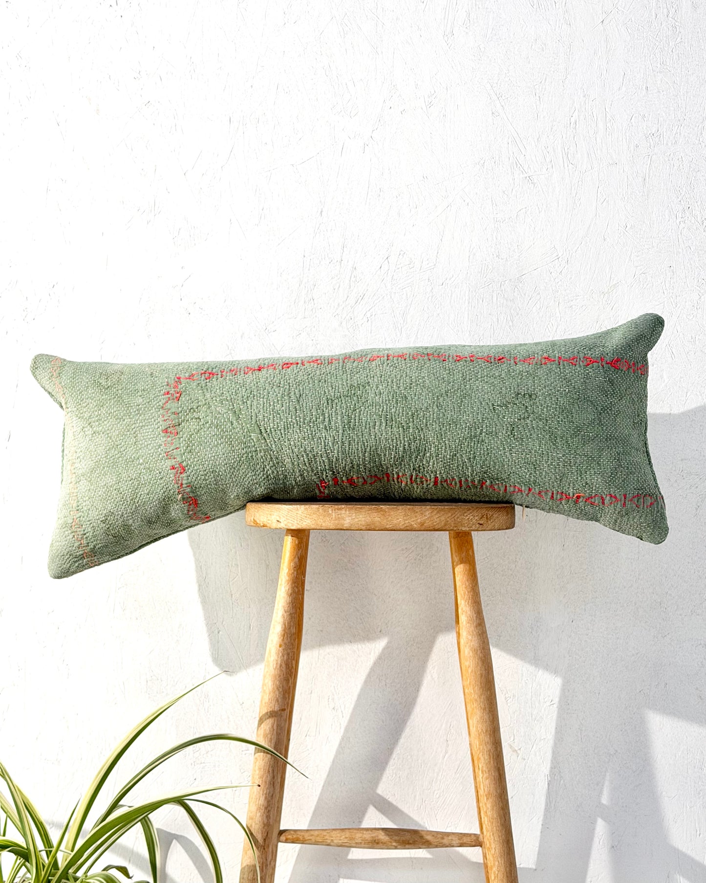 Vintage Kantha Bolster Cushion Cover In Green With Orange Embroidery - 80cm