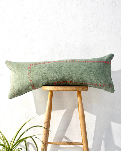 Vintage Kantha Bolster Cushion Cover In Green With Orange Embroidery - 80cm