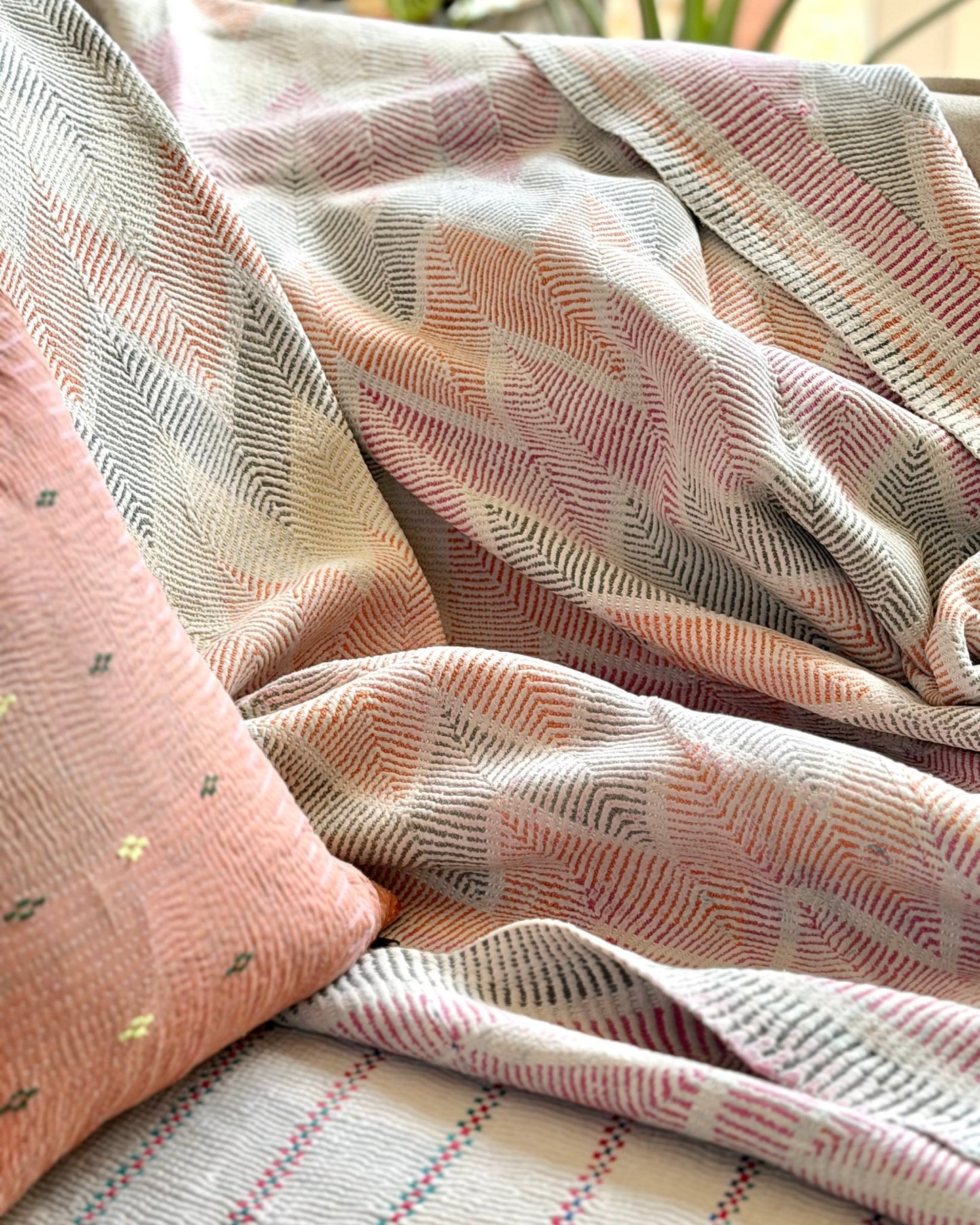 Heavy Vintage Lohori Kantha Quilt in Pink and Yellow Zig Zags - Biggs & Hill
