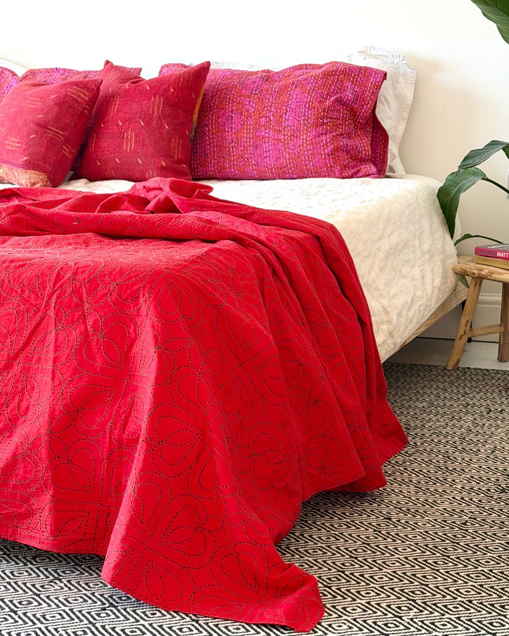 Embroidered Handmade Revival Nakshi Kantha Bedcover In Red - Biggs & Hill