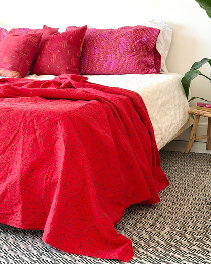 Embroidered Handmade Revival Nakshi Kantha Bedcover In Red - Biggs & Hill