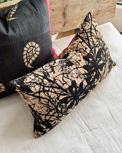 Vintage Kantha Cushion In Black and Red- Small Rectangular