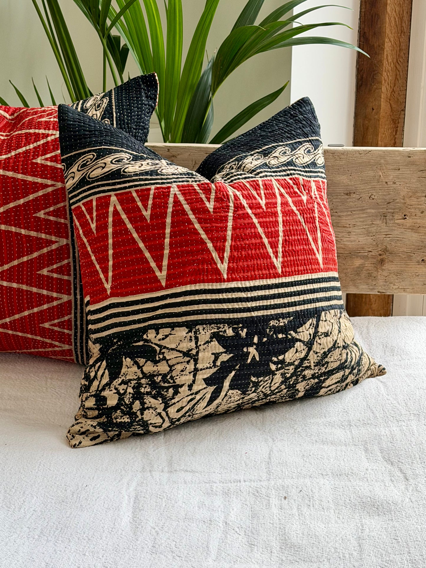 Vintage Kantha Cushion In Black and Red- 45cm Square