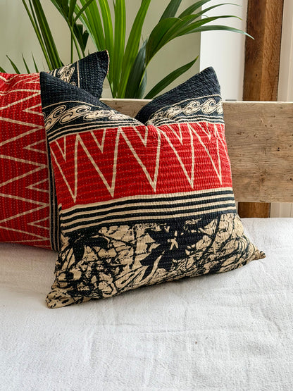 Vintage Kantha Cushion In Black and Red- 45cm Square