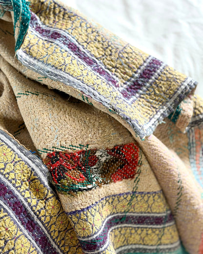 Embroidered Vintage Kantha Quilt in Pink and Turquoise - Biggs & Hill