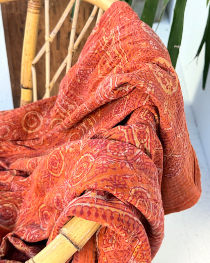 Extra Large Ajrakh Printed Vintage Kantha Quilt In Deep Red