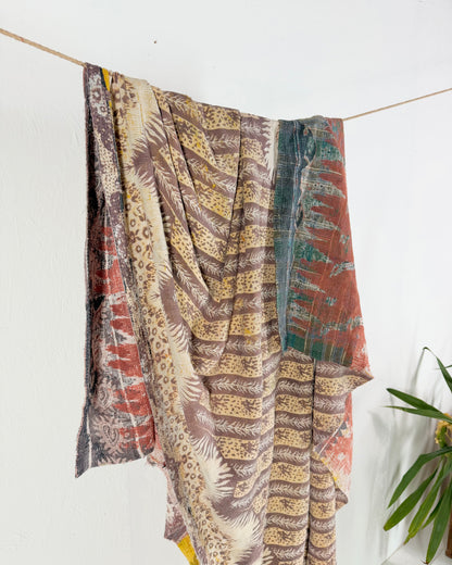 Large Extra Fine Stitched Vintage Kantha Quilt in Pinks and Greys