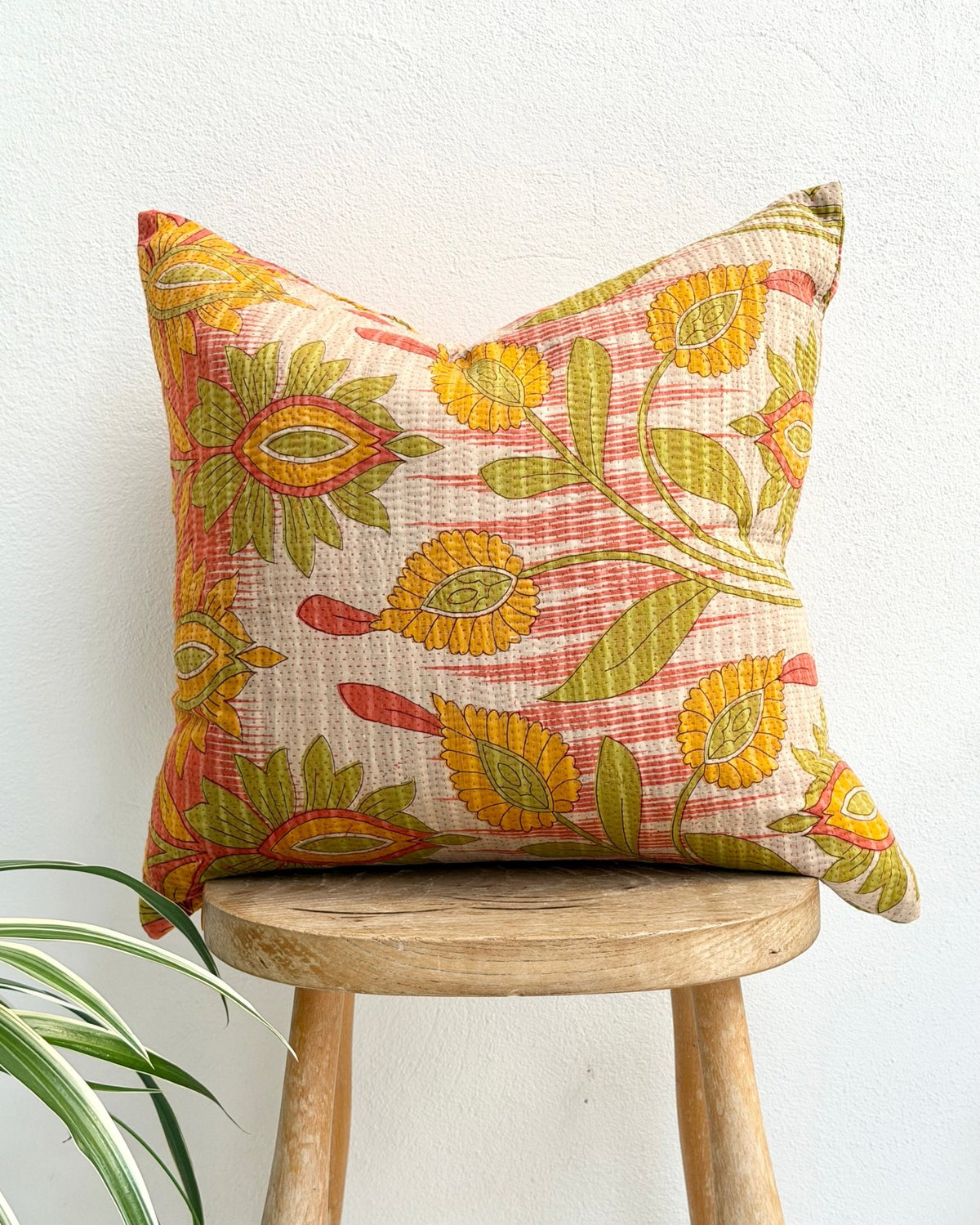 Handmade Reversible Vintage Kantha Cushion Cover In Retro Floral - 45cm (18") - Biggs & Hill