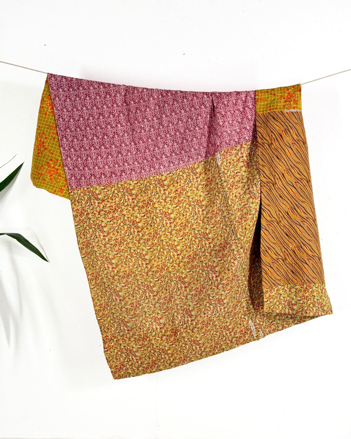 Fine Stitched Vintage Kantha Quilt in Pink, Yellow and Mustard - Biggs & Hill