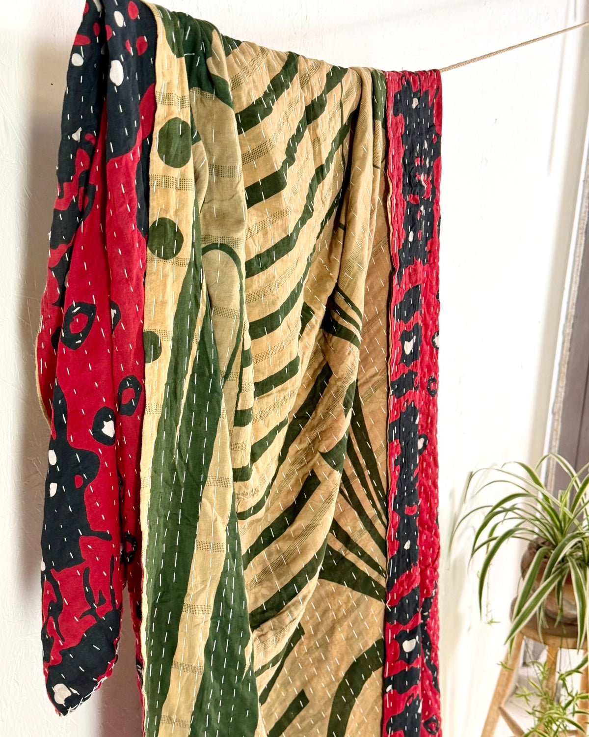 Vintage Cotton Kantha Quilt In Olive Green and Red 08 - Biggs & Hill