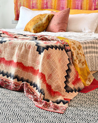 Extra Large Fine Stitched Vintage Kantha Quilt in Geometric Red and Yellow - Biggs & Hill