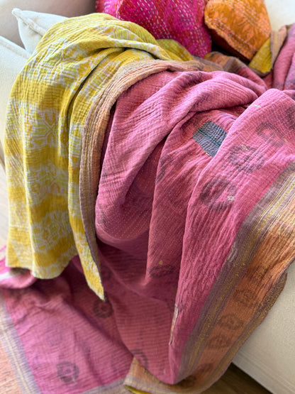 Extra Large Fine Stitched Vintage Kantha Quilt in Pink And Yellow