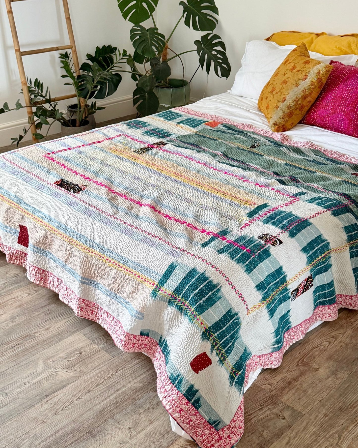 Heavy Fine Stitched Embroidered Vintage Kantha Quilt in Yellow, Pink and Blue - Biggs & Hill