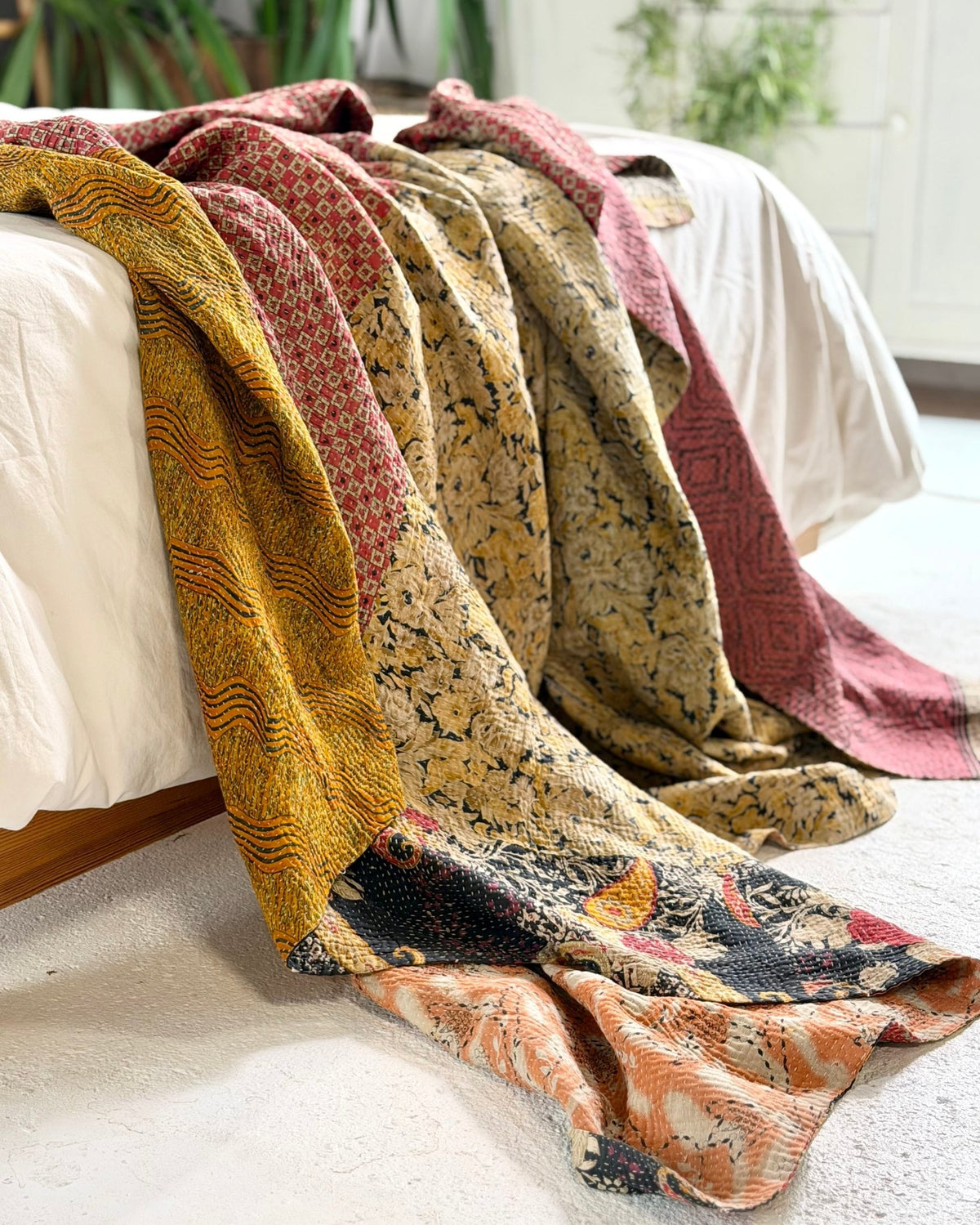 Fine Stitched Vintage Kantha Quilt in Peachy Pink and Mustard - Biggs & Hill
