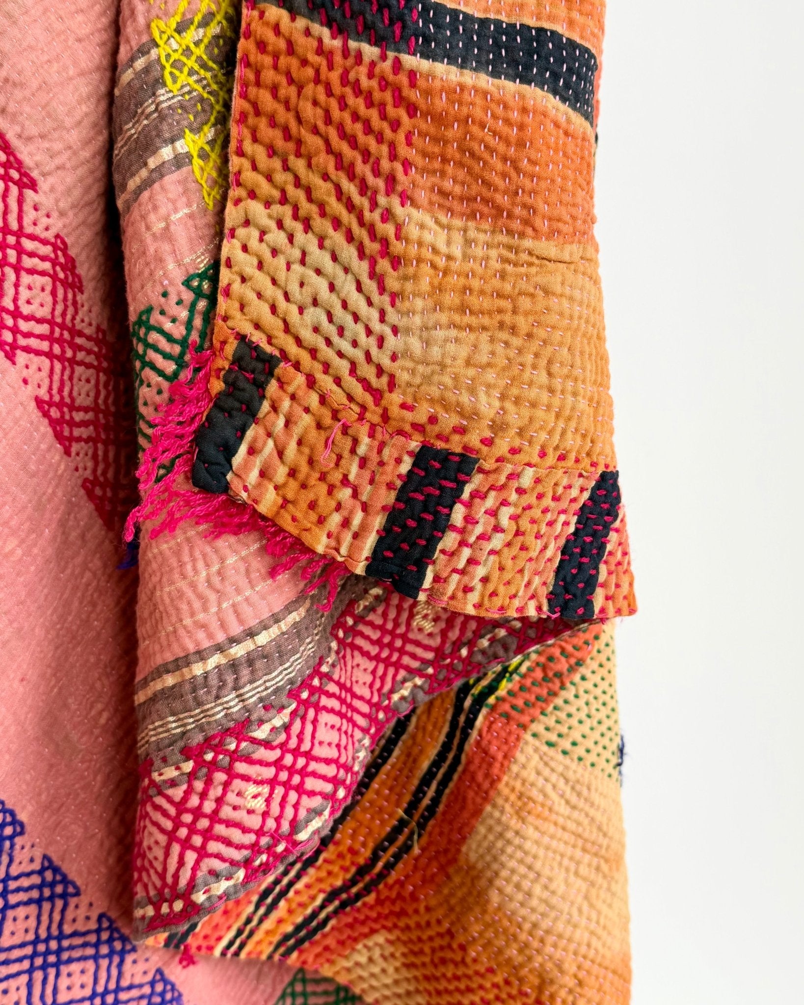 Large Embroidered Vintage Kantha Quilt in Pink and Orange - Biggs & Hill