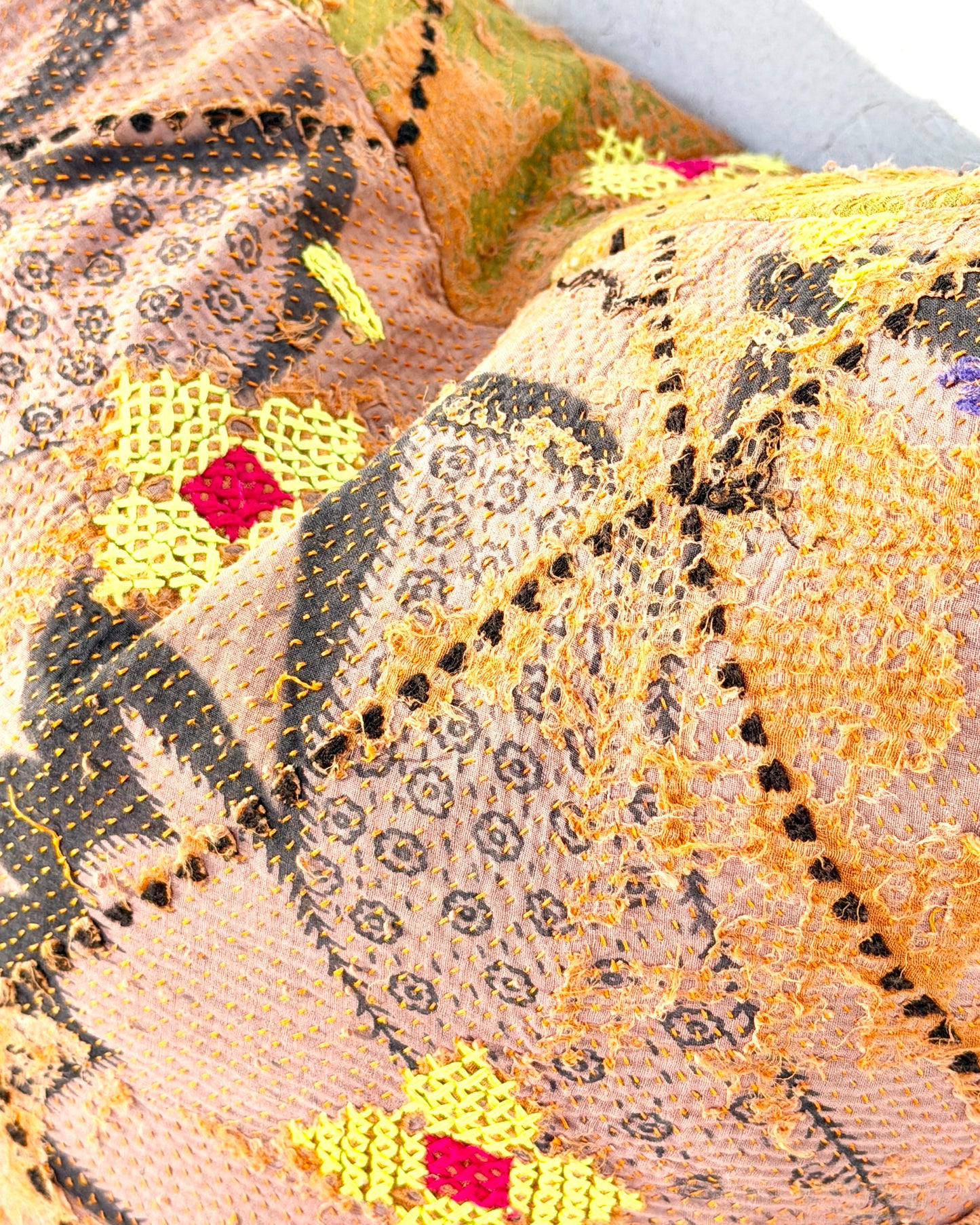 Vintage Kantha Cushion Cover In Textured Orange and Green - 50cm Square