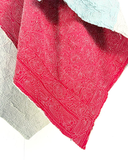 Embroidered Sujini Vintage Kantha Quilt In Red With White Embroidery