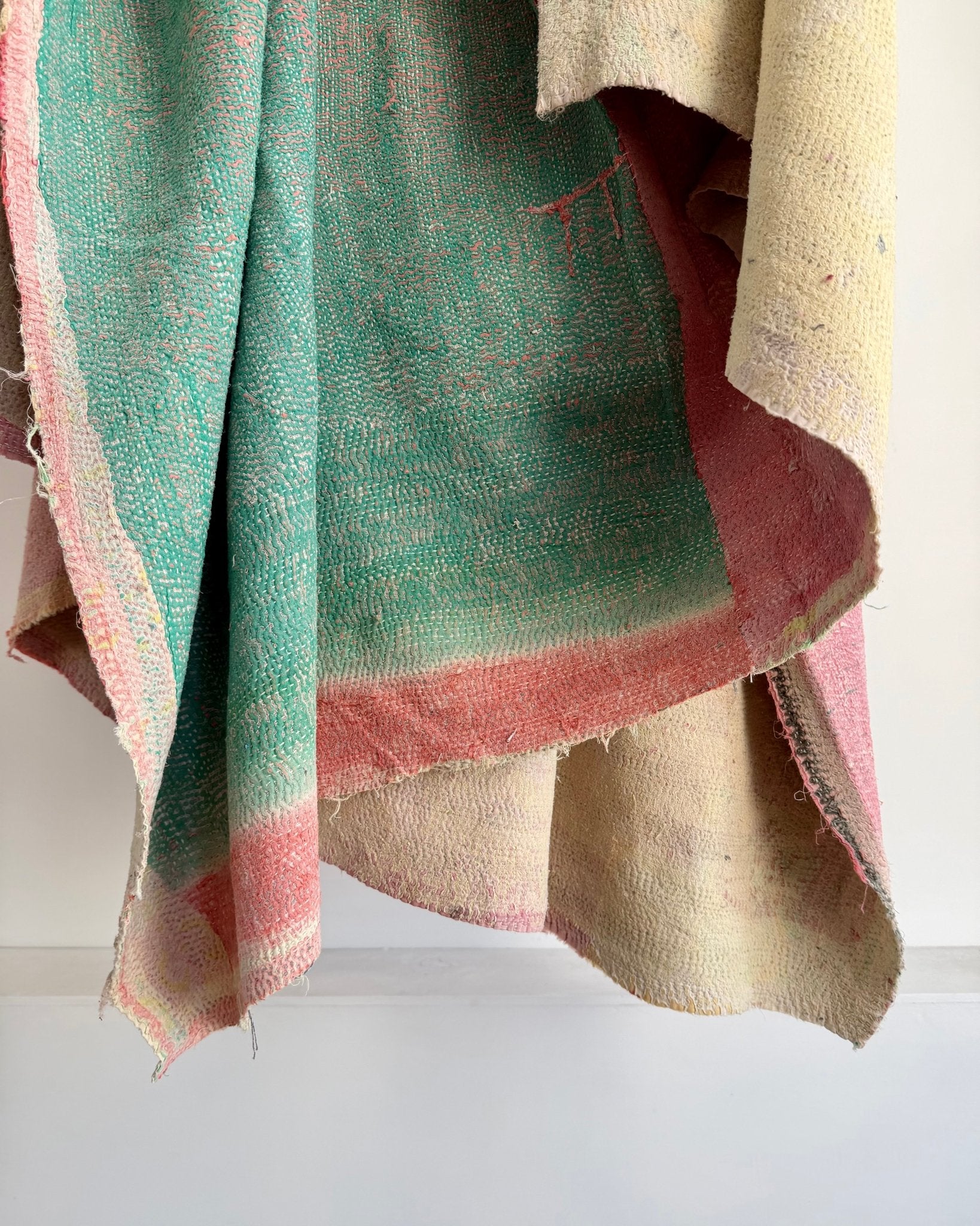 Project Kantha Quilt: Pink and Green With Authentic Aged Texture - Biggs & Hill