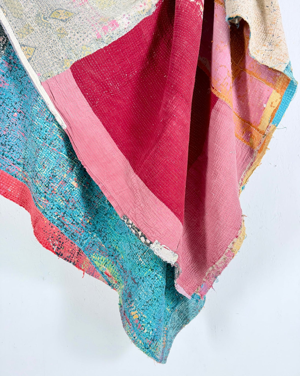 Textured Vintage Kantha Quilt in Patchwork Pink, Orange and Blue - Biggs & Hill