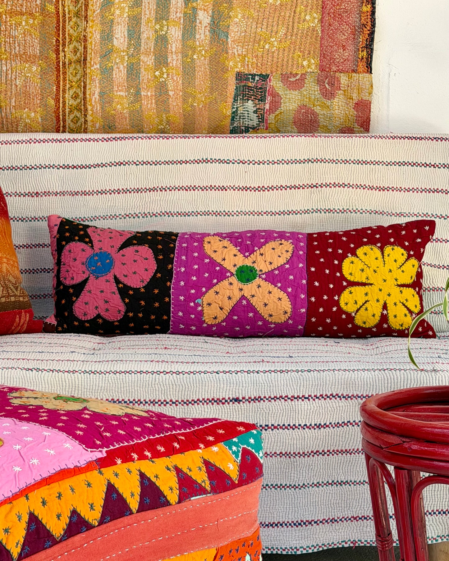Vintage Kantha Bolster Cushion Cover In Flower Patchwork - 80cm