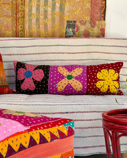 Vintage Kantha Bolster Cushion Cover In Flower Patchwork - 80cm