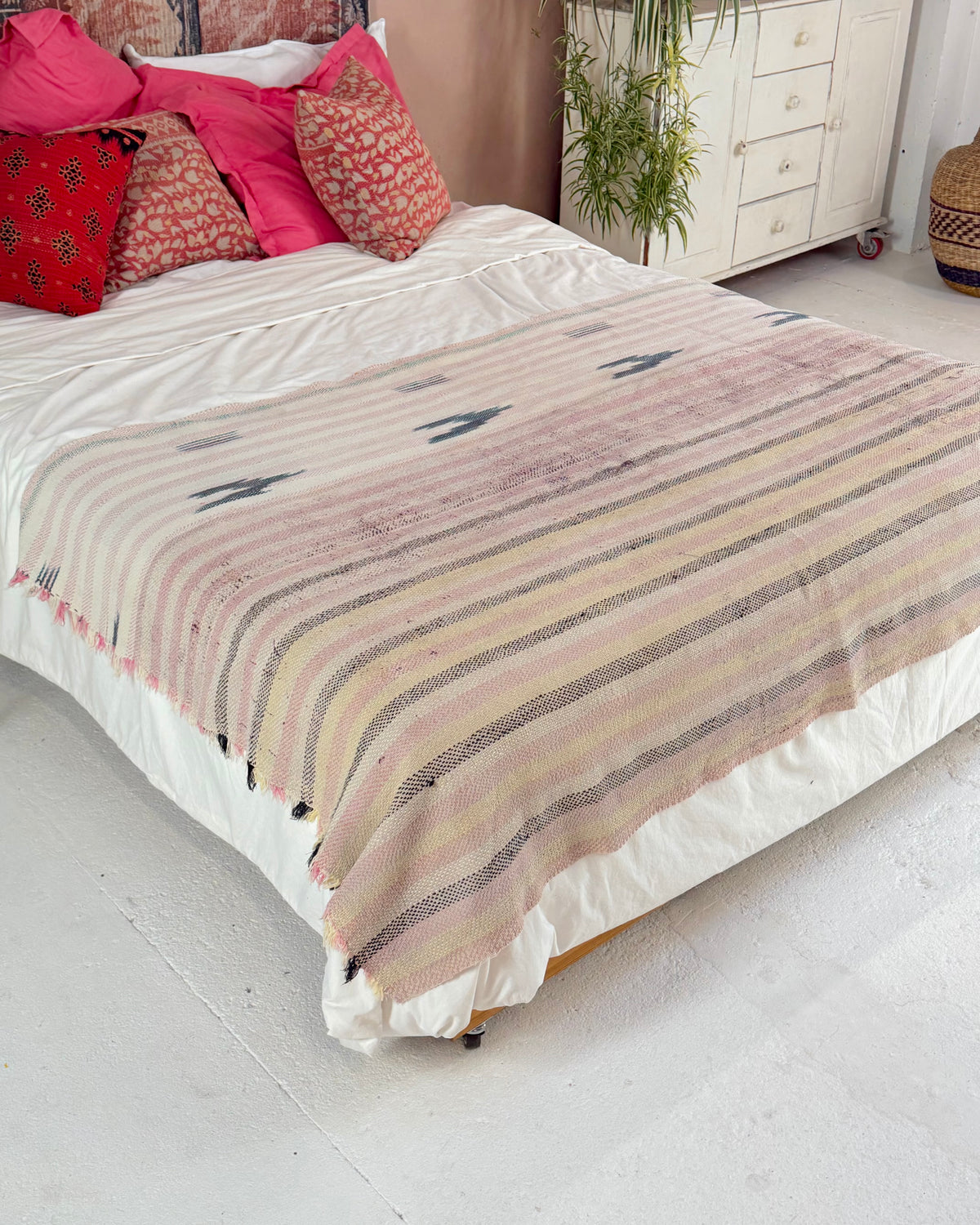 Striped Ikat Vintage Kantha Quilt in Light Pinks