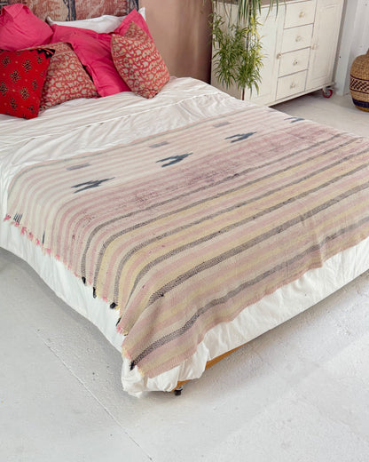 Striped Ikat Vintage Kantha Quilt in Light Pinks