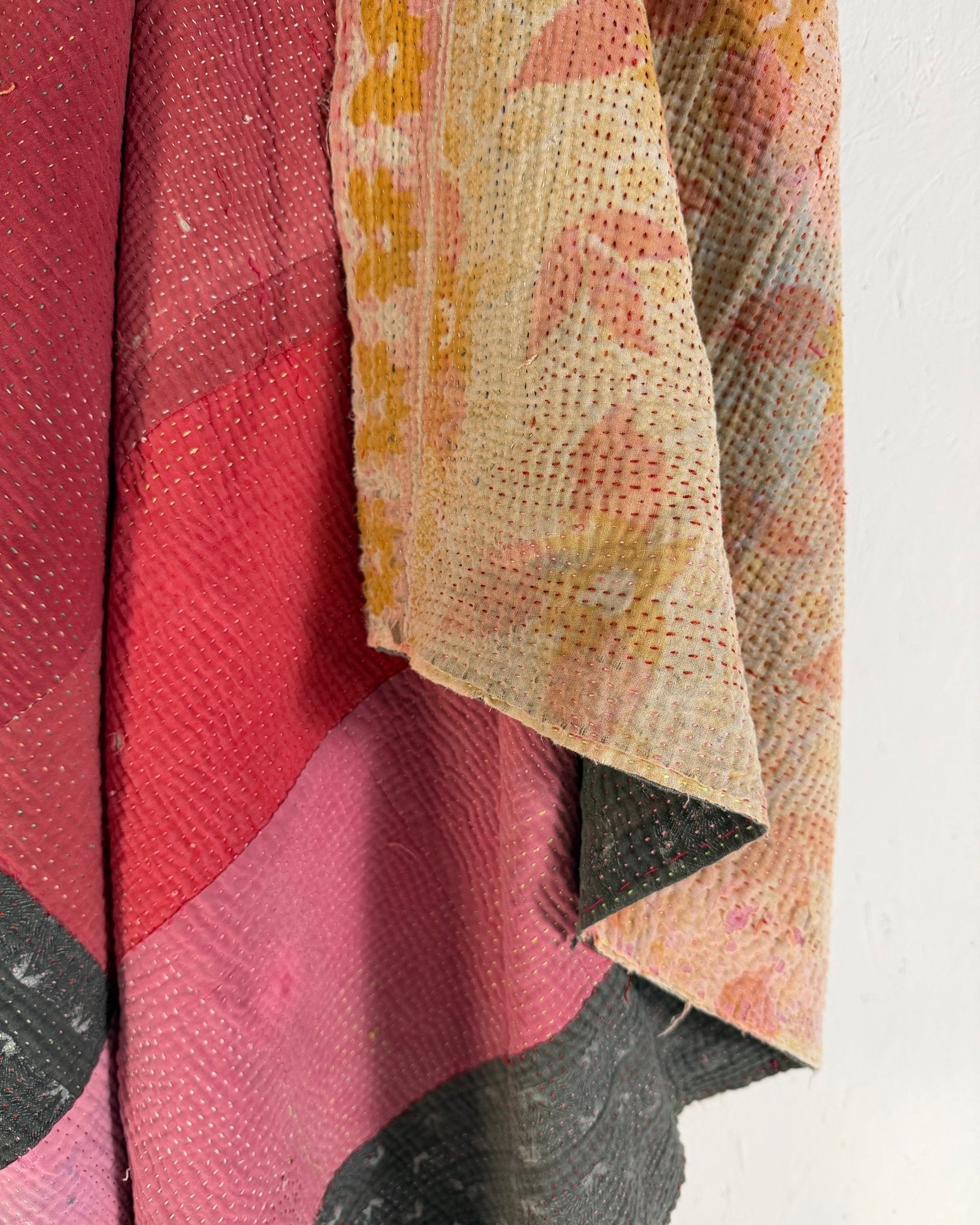 Fine Stitched Vintage Kantha Quilt in Vibrant Pink and Grey Patchwork - Biggs & Hill