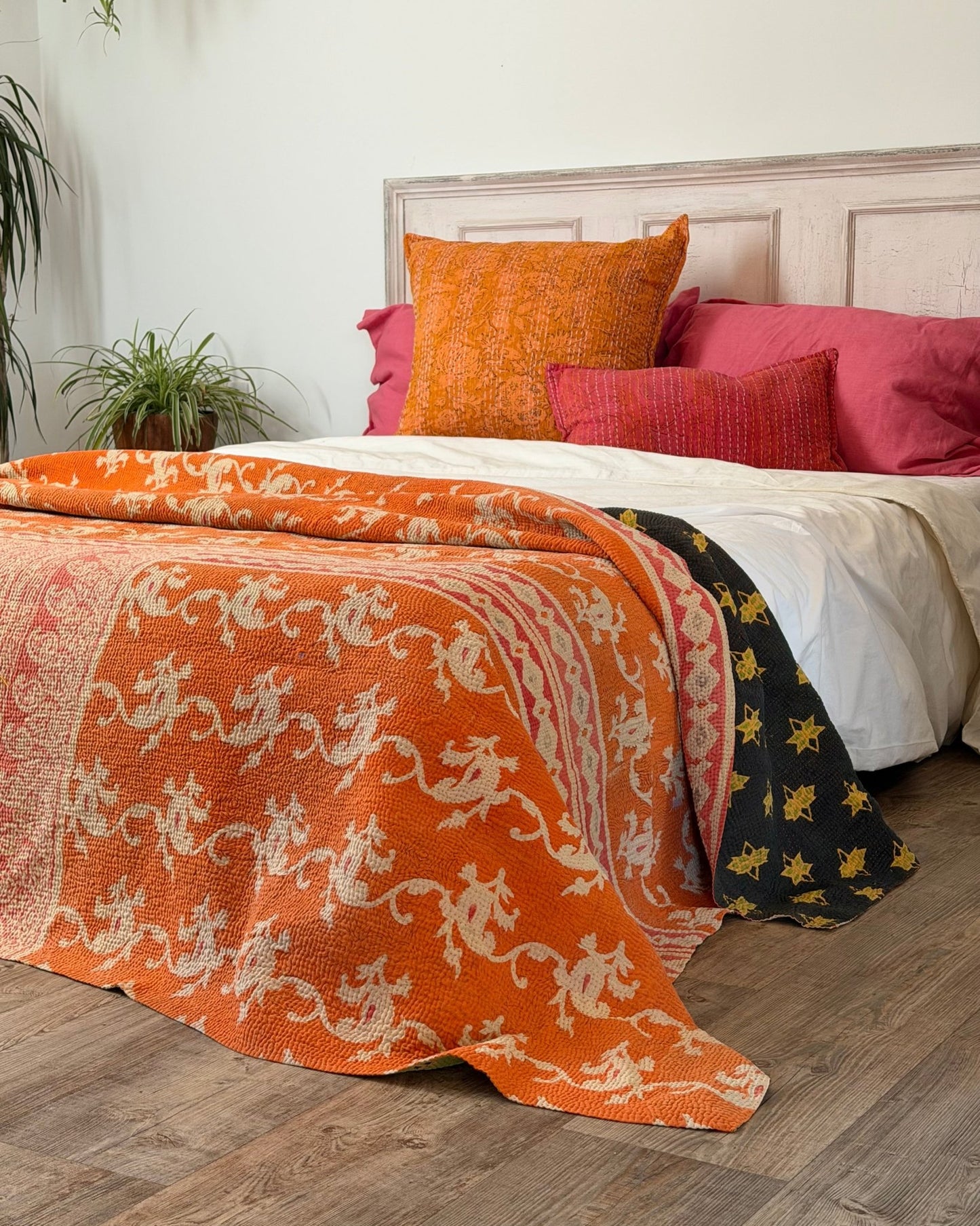 Large Fine Stitched Vintage Kantha Quilt In Orange, Black and Green - Biggs & Hill