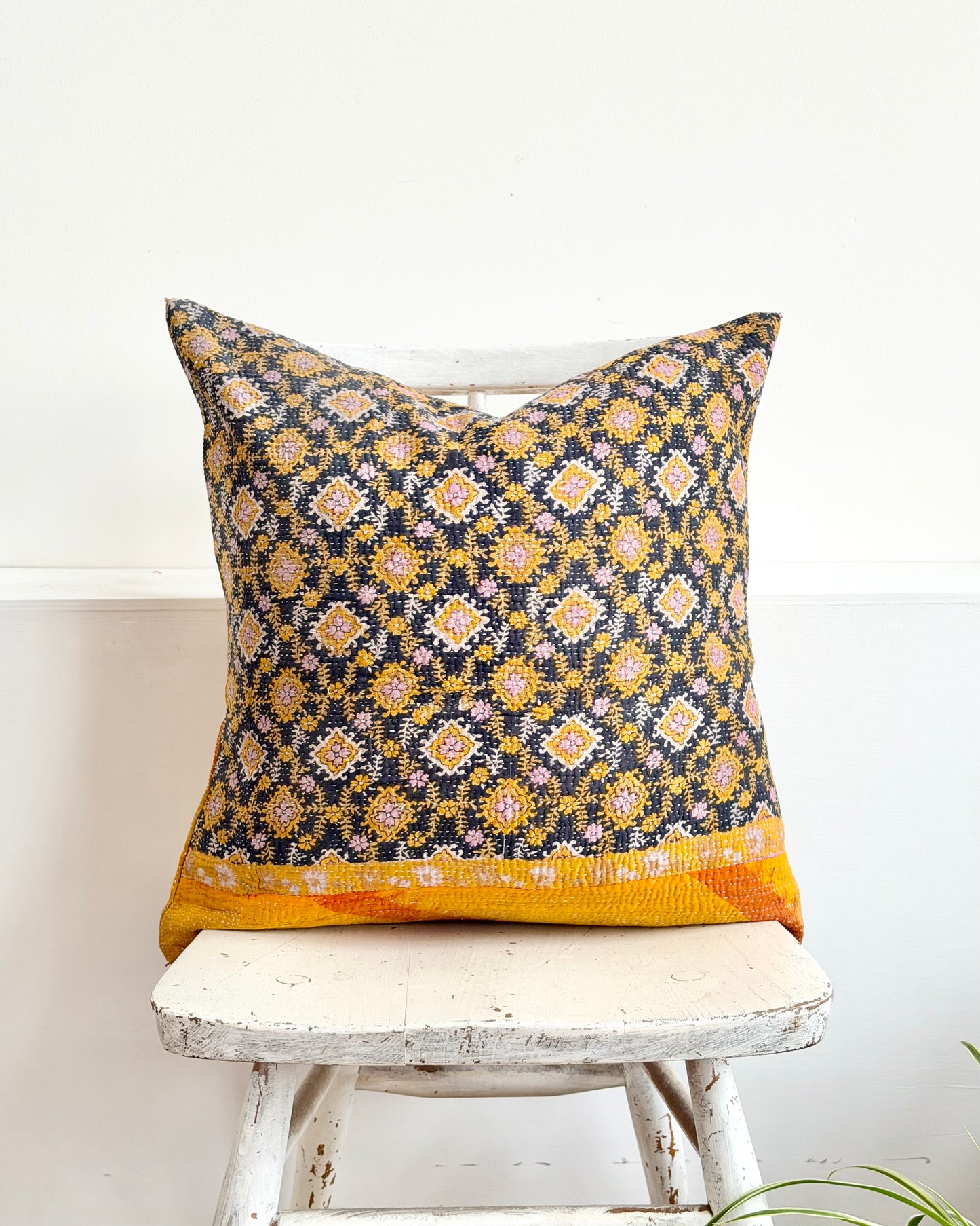 Vintage Kantha Cushion In Yellow and Blue - 45cm Square
