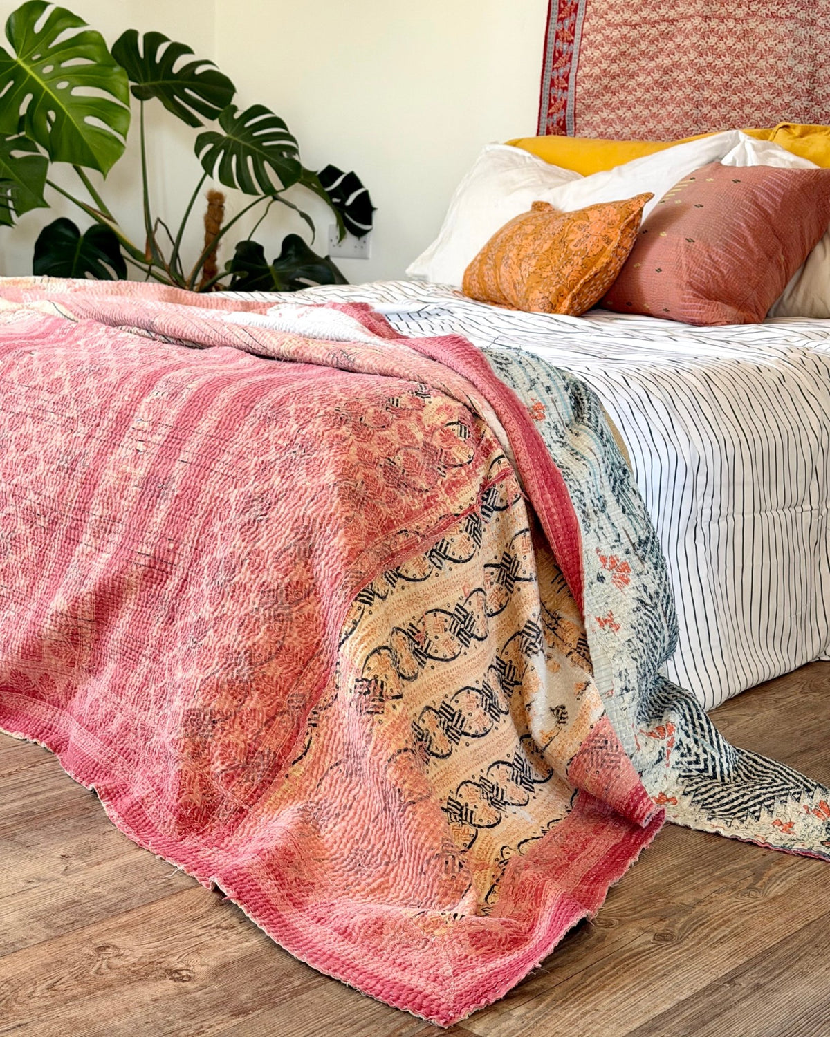 Large Textured Vintage Kantha Quilt in Peachy Pink and Yellow - Biggs & Hill