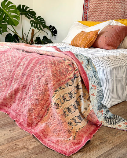Large Textured Vintage Kantha Quilt in Peachy Pink and Yellow - Biggs & Hill