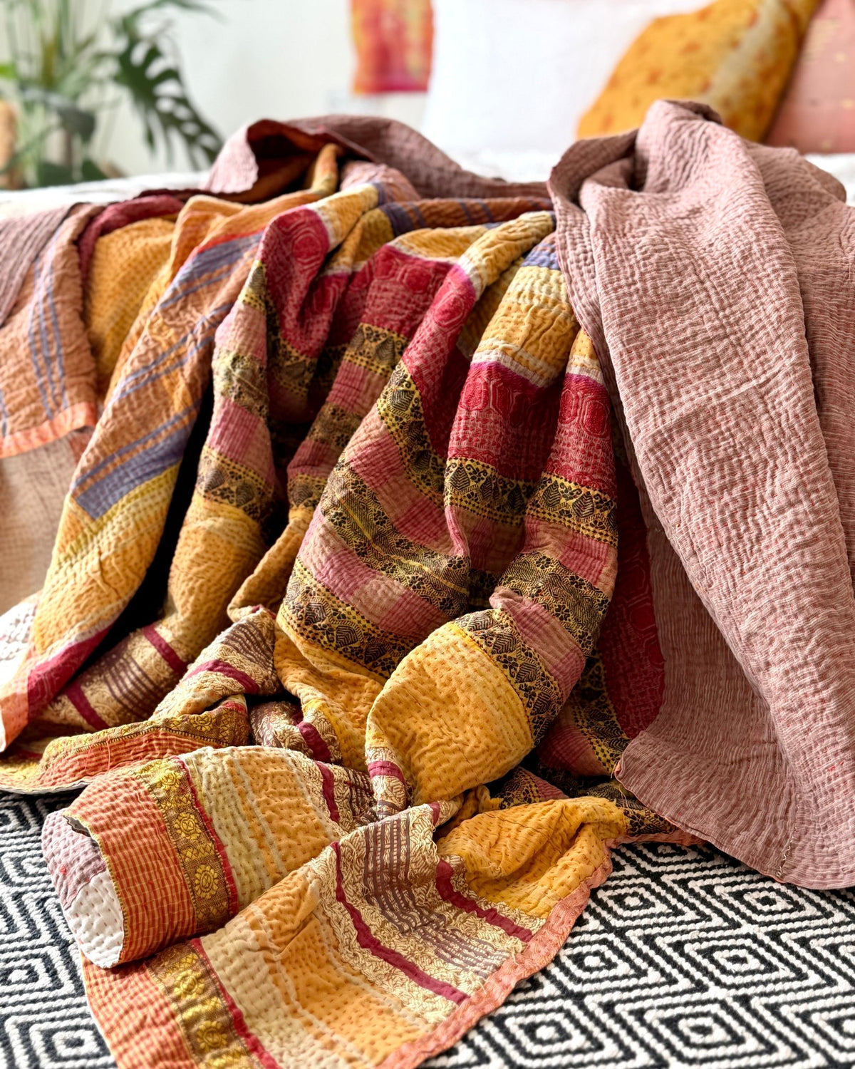 Extra Large Fine Stitched Vintage Kantha Quilt in Yellow and Pink Stripes - Biggs & Hill