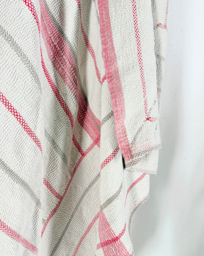 Embroidered Antique Vintage Kantha Quilt in White and Pink
