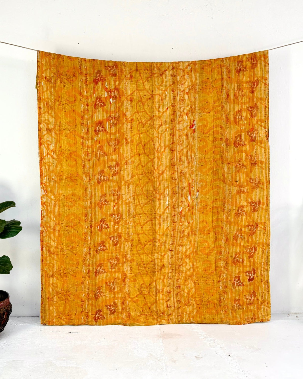 Large Fine Stitched Vintage Kantha Quilt in Yellow and Orange - Biggs & Hill