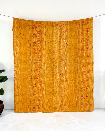 Large Fine Stitched Vintage Kantha Quilt in Yellow and Orange - Biggs & Hill