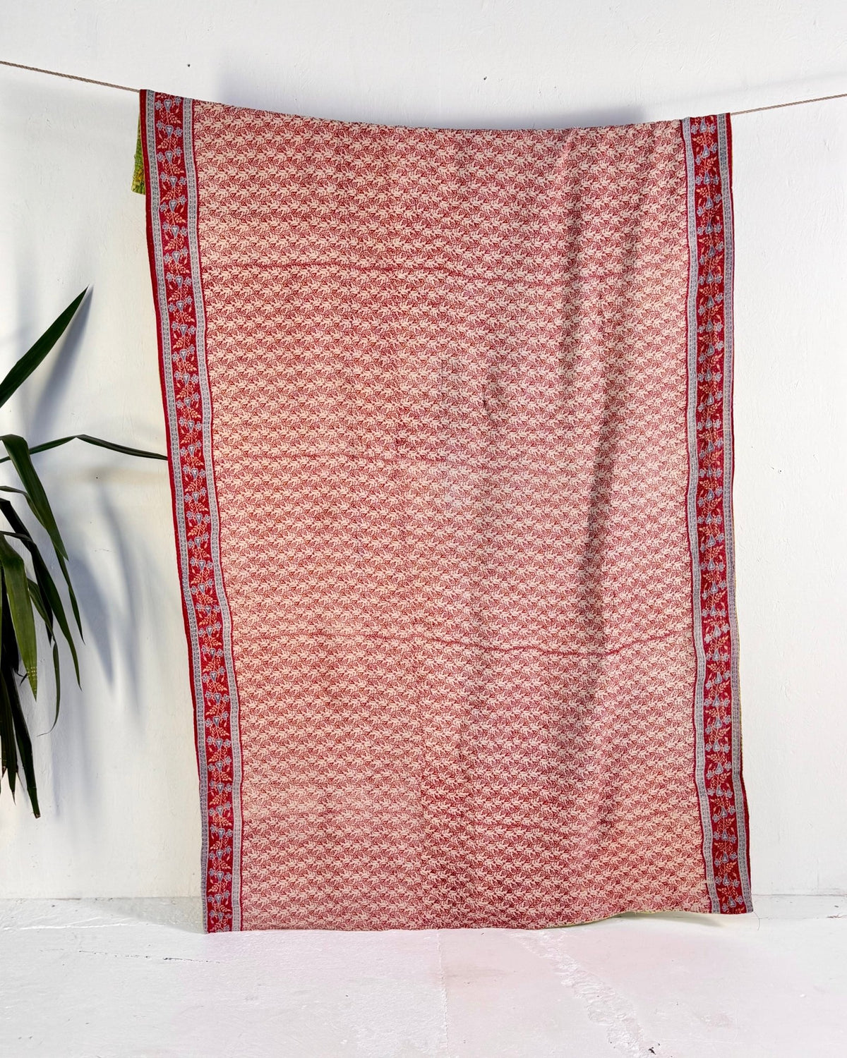 Large Fine Stitched Vintage Kantha Quilt in Bright Green and Red Floral - Biggs & Hill