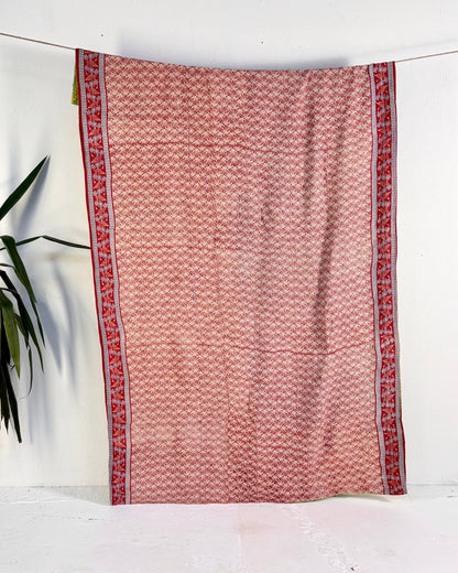 Large Fine Stitched Vintage Kantha Quilt in Bright Green and Red Floral - Biggs & Hill