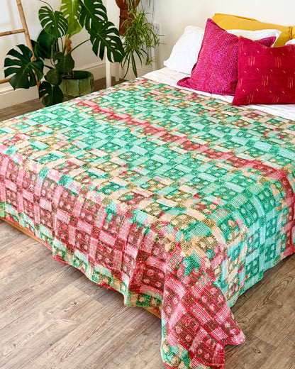 Heavy Vintage Galicha Kantha Quilt In Pink and Green