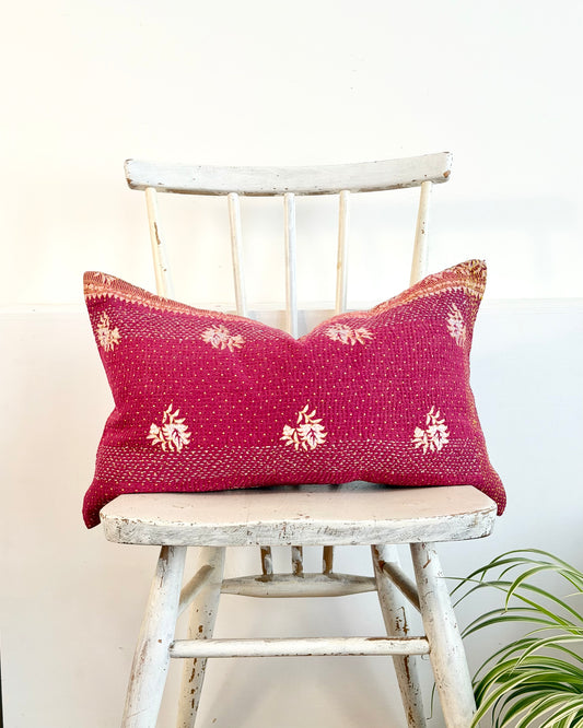 Vintage Kantha Cushion In Burgundy and Gold - Small Rectangular