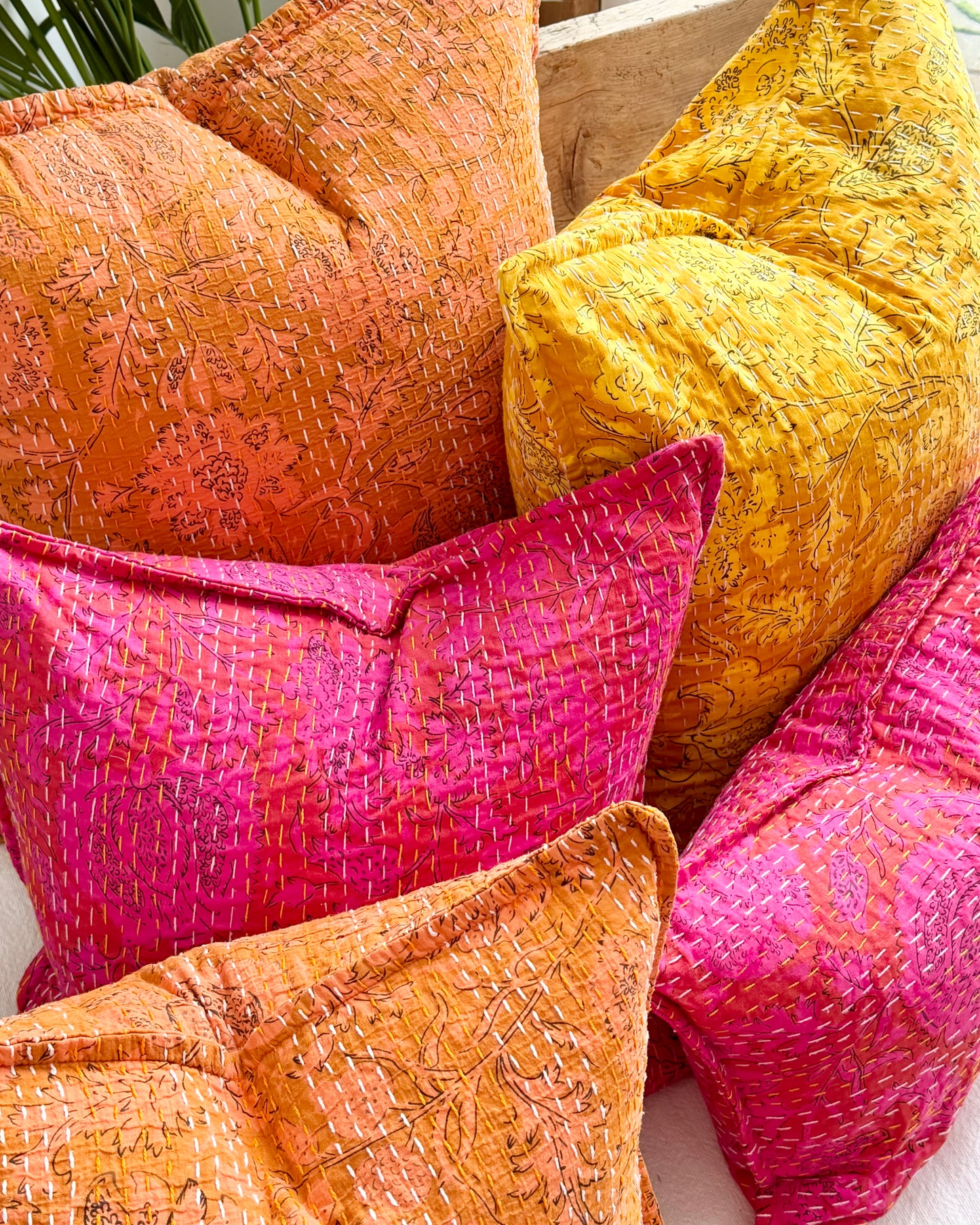 Sunset Orange Floral Block Printed Hand Stitched Square Kantha Cushion